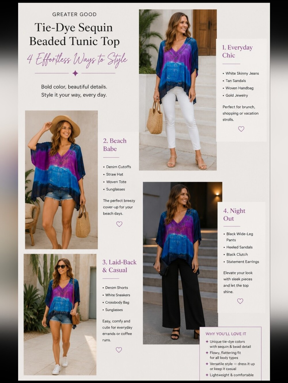 Greater Good~Tie-Dye Sequin Beaded Tunic Top ~ Purple Blue~ S/M